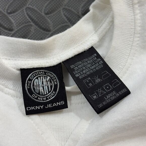 DKNY Jeans Sweatshirt Unisex Large White Spell-out Logo Long Sleeve Crew Neck - Picture 4 of 7